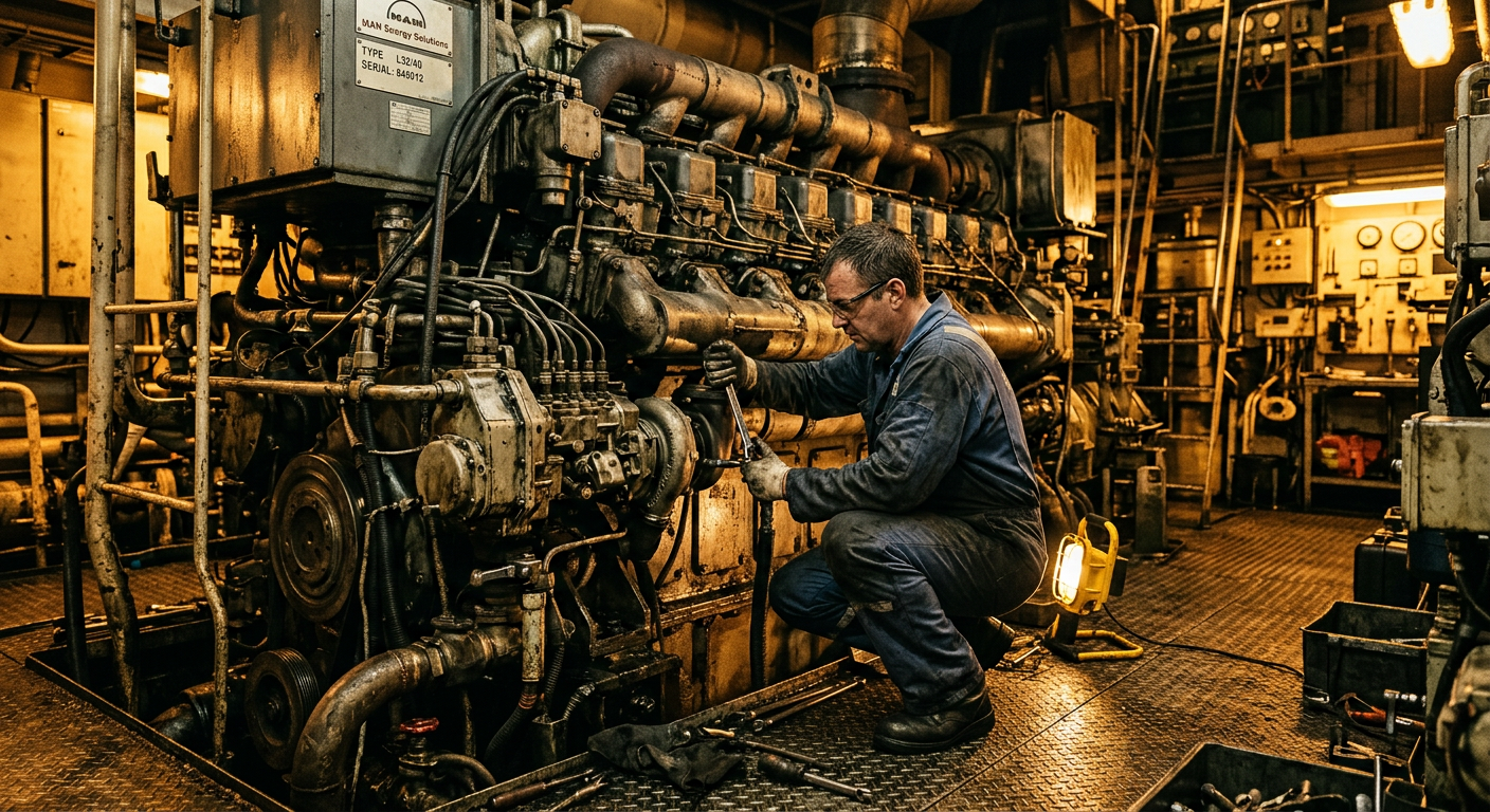 Technician repairing a heavy-duty marine diesel engine
