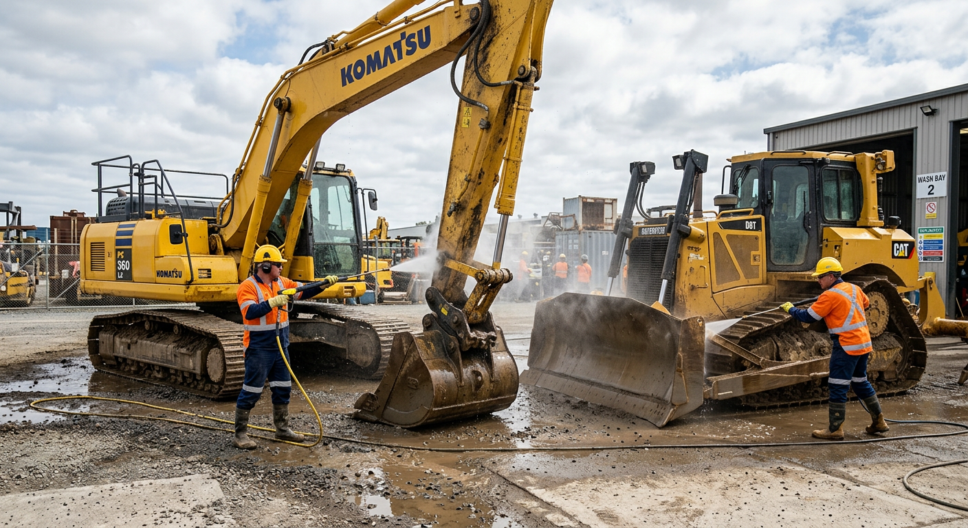 Earth-moving equipment being pressure washed