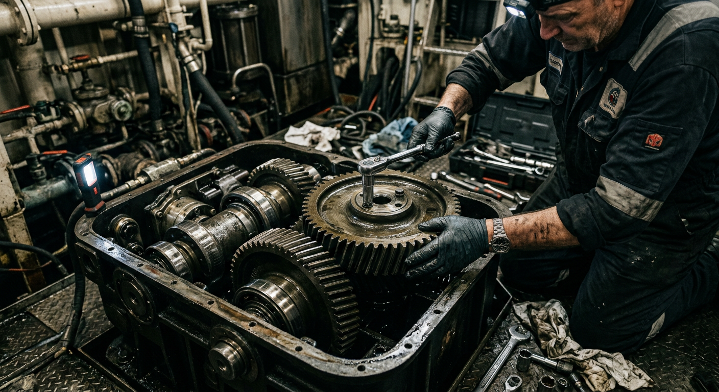 Marine gearbox being overhauled in a workshop